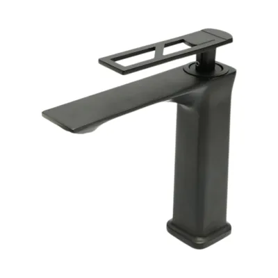 Baterie lavoar baie inalta patrata, monocomanda, negru mat, aliaj zinc, furtunuri incluse