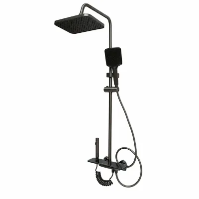 Set dus multifunctional cu termostat, 4 functii de curgere a apei, pipa cada, dus dreptunghiular tip ploaie, para de dus, dus bideu, grafit mat, aluminiu