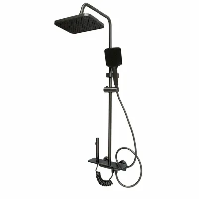 Set dus multifunctional cu termostat, afisaj digital temperatura, 4 functii de curgere a apei, pipa cada, dus dreptunghiular tip ploaie, para de dus, dus bideu, grafit mat, aluminiu