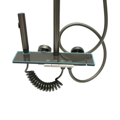 Set dus multifunctional cu termostat, afisaj digital temperatura, 4 functii de curgere a apei, pipa cada, dus dreptunghiular tip ploaie, para de dus, dus bideu, grafit mat, aluminiu - imagine 5