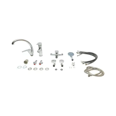 Set baterii baie si bucatarie 3 in 1, baterie cada cu para dus si furtun, baterie lavoar, baterie chiuveta bucatarie, monocomanda, crom lucios, aliaj zinc, furtunuri incluse - imagine 2