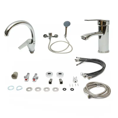 Set baterii baie si bucatarie 3 in 1, baterie cada cu para dus si furtun, baterie lavoar, baterie chiuveta bucatarie, monocomanda, crom lucios, aliaj zinc, furtunuri incluse