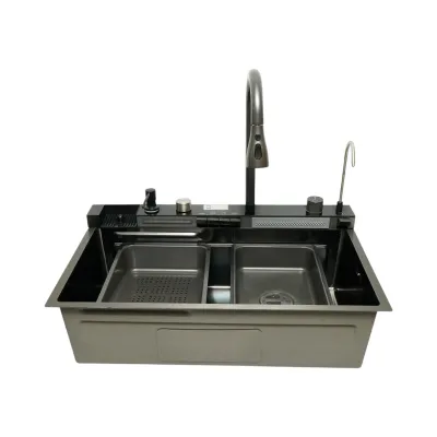 Chiuveta bucatarie multifunctionala din otel inoxidabil grafit mat PVD cu doua baterii, afisaj digital temperatura, doua cascade, dozator detergent, spalator pahare, scurgator, tava, tocator si accesorii incluse 75x46x22cm - imagine 7