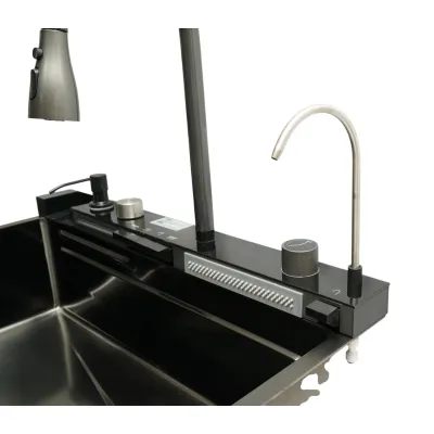 Chiuveta bucatarie multifunctionala din otel inoxidabil grafit mat PVD cu doua baterii, afisaj digital temperatura, doua cascade, dozator detergent, spalator pahare, scurgator, tava, tocator si accesorii incluse 75x46x22cm - imagine 12