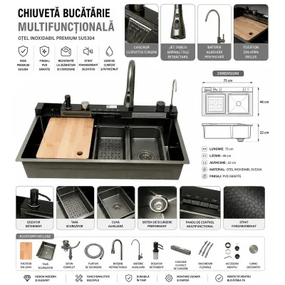 Chiuveta bucatarie multifunctionala din otel inoxidabil grafit mat PVD cu doua baterii, afisaj digital temperatura, doua cascade, dozator detergent, spalator pahare, scurgator, tava, tocator si accesorii incluse 75x46x22cm - imagine 2