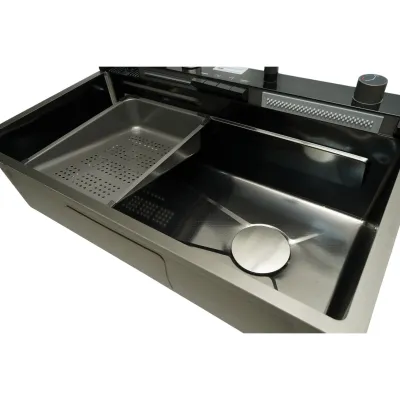 Chiuveta bucatarie multifunctionala din otel inoxidabil grafit mat PVD cu doua baterii, afisaj digital temperatura, doua cascade, dozator detergent, spalator pahare, scurgator, tava, tocator si accesorii incluse 75x46x22cm - imagine 9