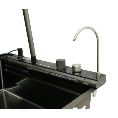 Chiuveta bucatarie multifunctionala din otel inoxidabil grafit mat PVD cu doua baterii, afisaj digital temperatura, doua cascade, dozator detergent, spalator pahare, scurgator, tava, tocator si accesorii incluse 75x46x22cm - imagine 11