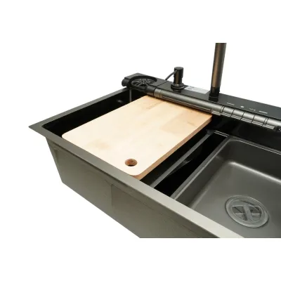 Chiuveta bucatarie multifunctionala din otel inoxidabil grafit mat PVD cu doua baterii, afisaj digital temperatura, doua cascade, dozator detergent, spalator pahare, scurgator, tava, tocator si accesorii incluse 75x46x22cm - imagine 8