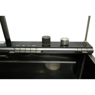 Chiuveta bucatarie multifunctionala din otel inoxidabil grafit mat PVD cu doua baterii, afisaj digital temperatura, doua cascade, dozator detergent, spalator pahare, scurgator, tava, tocator si accesorii incluse 75x46x22cm - imagine 10