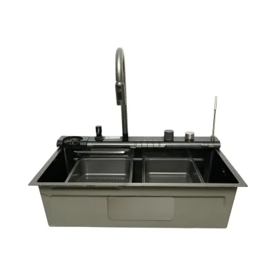 Chiuveta bucatarie multifunctionala din otel inoxidabil grafit mat PVD cu doua baterii, afisaj digital temperatura, doua cascade, dozator detergent, spalator pahare, scurgator, tava, tocator si accesorii incluse 75x46x22cm - imagine 7