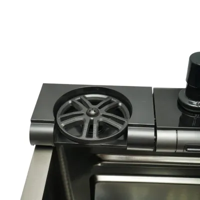 Chiuveta bucatarie multifunctionala din otel inoxidabil grafit mat PVD cu doua baterii, afisaj digital temperatura, doua cascade, dozator detergent, spalator pahare, scurgator, tava, tocator si accesorii incluse 75x46x22cm - imagine 12