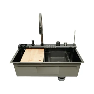 Chiuveta bucatarie multifunctionala din otel inoxidabil grafit mat PVD cu doua baterii, afisaj digital temperatura, doua cascade, dozator detergent, spalator pahare, scurgator, tava, tocator si accesorii incluse 75x46x22cm
