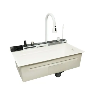 Chiuveta bucatarie multifunctionala din otel inoxidabil alb mat PVD cu doua baterii, afisaj digital temperatura, doua cascade, dozator detergent, spalator pahare, scurgator, tava, tocator si accesorii incluse 75x46x22cm - imagine 6