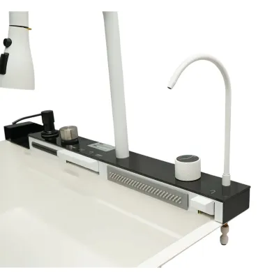 Chiuveta bucatarie multifunctionala din otel inoxidabil alb mat PVD cu doua baterii, afisaj digital temperatura, doua cascade, dozator detergent, spalator pahare, scurgator, tava, tocator si accesorii incluse 75x46x22cm - imagine 9