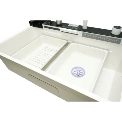 Chiuveta bucatarie multifunctionala din otel inoxidabil alb mat PVD cu doua baterii, afisaj digital temperatura, doua cascade, dozator detergent, spalator pahare, scurgator, tava, tocator si accesorii incluse 75x46x22cm - imagine 10