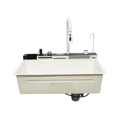 Chiuveta bucatarie multifunctionala din otel inoxidabil alb mat PVD cu doua baterii, afisaj digital temperatura, doua cascade, dozator detergent, spalator pahare, scurgator, tava, tocator si accesorii incluse 75x46x22cm - imagine 7