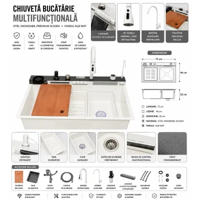 Chiuveta bucatarie multifunctionala din otel inoxidabil alb mat PVD cu doua baterii, afisaj digital temperatura, doua cascade, dozator detergent, spalator pahare, scurgator, tava, tocator si accesorii incluse 75x46x22cm - imagine 2