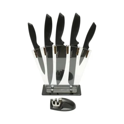 Set cutite bucatarie 7 piese cu suport acrilic si dispozitiv ascutit, lama otel 3Cr13, maner PP Breckner Germany