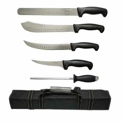 Set cutite macelarie profesionale 5 piese cu geanta, lama otel 5Cr15MoV, maner PP negru Breckner Germany