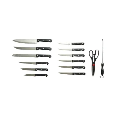 Set cutite bucatarie 15 piese cu suport lemn, foarfeca si pila ascutit, lama otel 3Cr13, maner ABS negru Breckner Germany - imagine 2