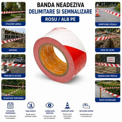 Banda delimitare si semnalizare 50mm x 100m rosu-alb PE HighPower - imagine 4