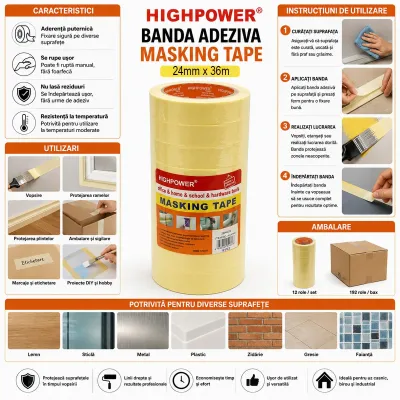 Banda adeziva mascare uz general 24mm x 36m din hartie galbena HighPower - imagine 4