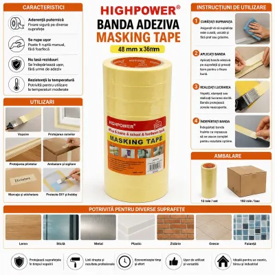 Banda adeziva mascare uz general 48mm x 36m din hartie galbena HighPower - imagine 4