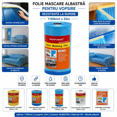 Folie protectie vopsit si zugravit cu banda adeziva albastra 1100mm x 25m HighPower - imagine 4
