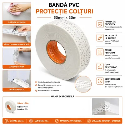 Banda protectie colturi rigips 50mm x 30m PVC perforata autoadeziva HighPower - imagine 5