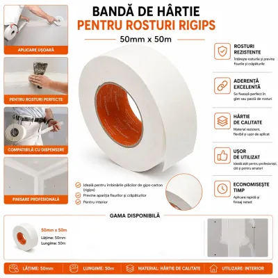 Banda hartie armare rosturi rigips 50mm x 50m HighPower - imagine 4