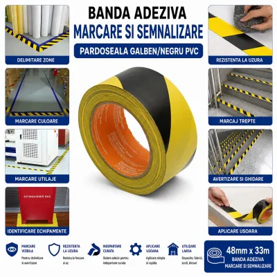 Banda adeziva de avertizare si marcare podea PVC galben-negru 48mm x 33m HighPower - imagine 4