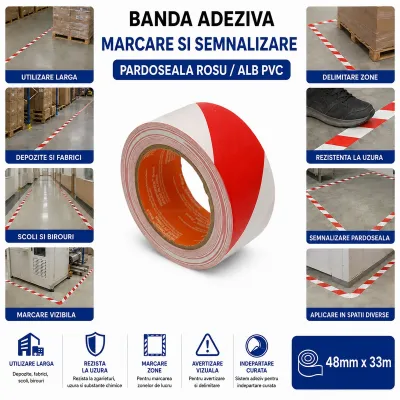 Banda adeziva de avertizare si marcare podea PVC rosu-alb 48mm x 33m HighPower - imagine 4