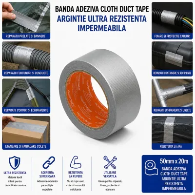 Banda adeziva textila Duct Tape argintie 50mm x 20m pentru reparatii HighPower - imagine 4
