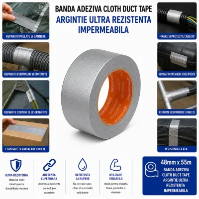 Banda adeziva textila Duct Tape argintie 48mm x 55m pentru reparatii HighPower - imagine 4