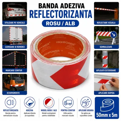 Banda reflectorizanta rosu-alb cu sageata autoadeziva 50mm x 5m HighPower - imagine 4