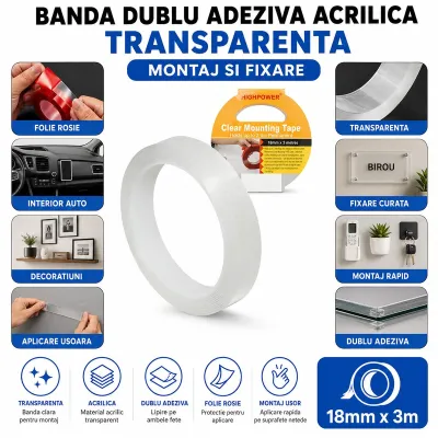 Banda dublu adeziva acrilica transparenta ranforsata 18mm x 3m HighPower - imagine 4