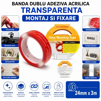 Banda dublu adeziva acrilica transparenta 24mm x 3m HighPower - imagine 4