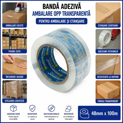 Banda adeziva scotch transparenta OPP 48mm x 100m pentru ambalare HighPower - imagine 3