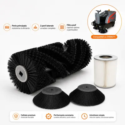 Kit intretinere masina de maturat stradala DISBU21, perie centrala 700mm, 2 perii laterale 500mm si filtru praf