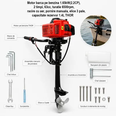 Motor barca pe benzina 2.2 CP, 2 timpi, 63cc, turatie 6500rpm, racire cu aer, pornire manuala, elice 3 pale, capacitate rezervor 1.4L THOR - imagine 3