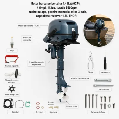 Motor barca pe benzina 6CP, 4 timpi, 112cc, turatie 5500rpm, racire cu apa, pornire manuala, elice 3 pale, capacitate rezervor 1.3L THOR - imagine 3