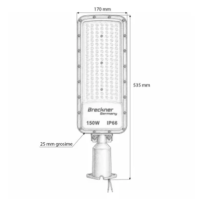 Lampa iluminat stradal LED 150W, 100-265V, 6500K, 16500lm cu prindere pe stalp 535x170x25mm IP66 Breckner Germany - imagine 5