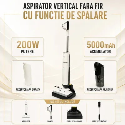 Aspirator vertical fara fir cu mop 200W, putere aspirare 18000Pa, baterie 5000mAh, rezervor apa 2x600ml, functie voce, ecran digital Breckner Germany - imagine 9
