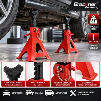 Set 2 cricuri suport capra auto 3T, reglabile 290-430mm, capace cauciuc, sigurante blocare Breckner Germany - imagine 5