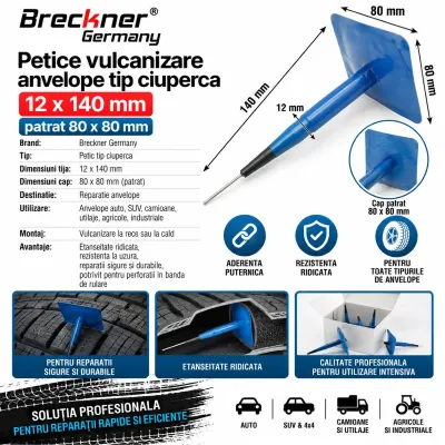 Petice vulcanizare anvelope tip ciuperca 12x140mm, patrat 80x80mm Breckner Germany - imagine 3
