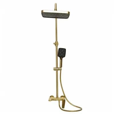 Set dus Premium multifunctional de perete din cupru, 3 functii curgere apa, dus dreptunghiular tip ploaie, para de dus, auriu mat - imagine 3
