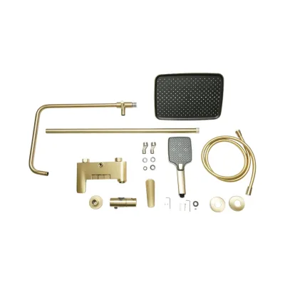 Set dus Premium multifunctional de perete din cupru, 3 functii curgere apa, dus dreptunghiular tip ploaie, para de dus, auriu mat - imagine 2