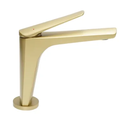 Baterie lavoar baie Premium din cupru, pipa lunga, design patrat, monocomanda, auriu mat, furtunuri incluse - imagine 5