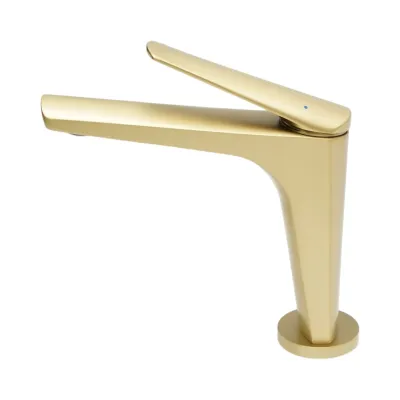 Baterie lavoar baie Premium din cupru, pipa lunga, design patrat, monocomanda, auriu mat, furtunuri incluse - imagine 3