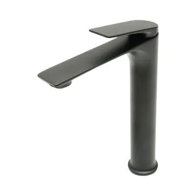 Baterie lavoar baie inalta Premium din cupru, pipa lunga, design rotund, monocomanda, negru mat, furtunuri incluse
